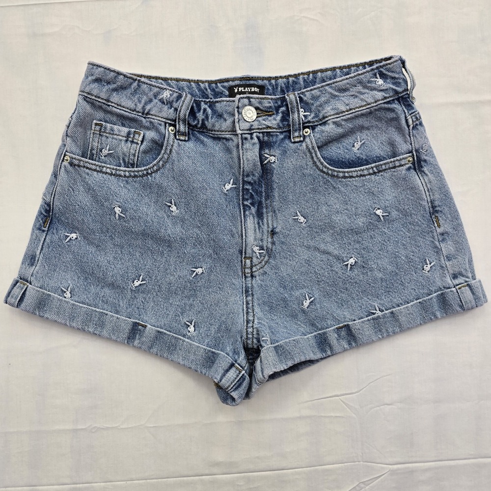 Playboy by PacSun Women's Denim Shorts Size 27 Bunny Logo Embroidered Cuffed